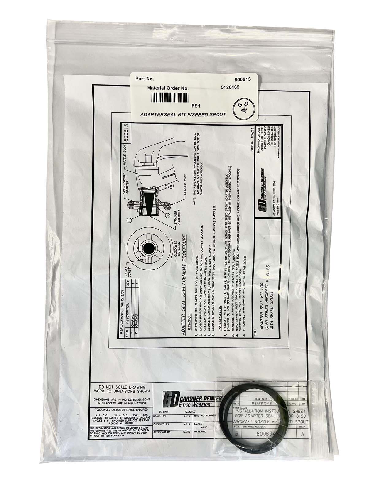 ADAPTER SEAL KIT F/SPEED SPOUT G180 AIRCRAFT NOZZLE  EMCO WHEATON 800613
