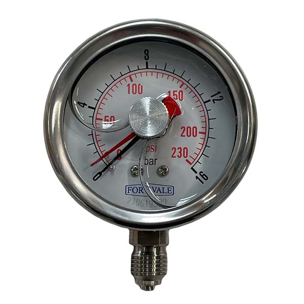 Pressure gauge with Tell-Tale Pointer 0-10 Bar (0-150 PSI), ¼” BSP connection, brass internals, glycerine filled. 921/10TTBBSP FORT VALE